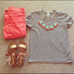 striped tee, colored skinnies, statement necklace