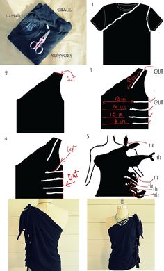Clothes Refashion: DIY No Sew, One Shoulder Shirt.  Personally don't really like all the tying but gives me an idea for an asymmetrical top.  I would attach a thin strap for other shoulder.