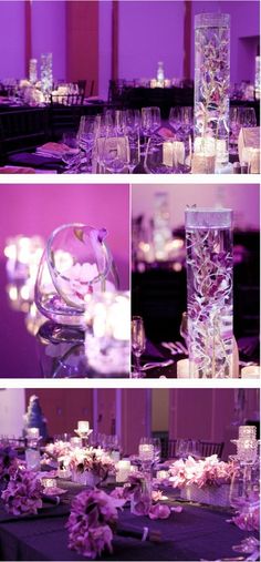 Purple Wedding Decor - love how the purple looks with the lighting and the centerpieces are just gorgeous.
